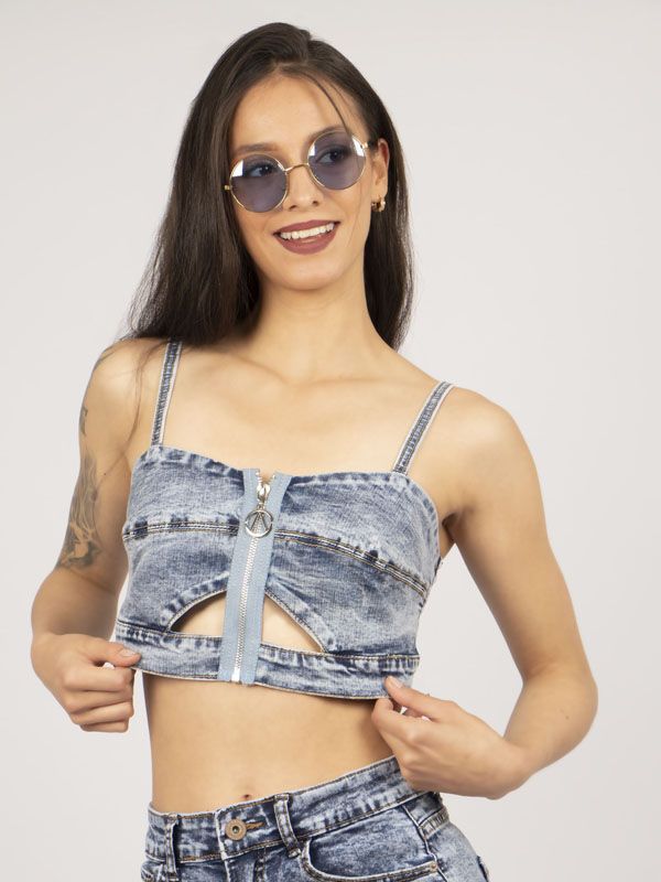 Crop Top en Jean tipo Jaspe con Cremallera 6536