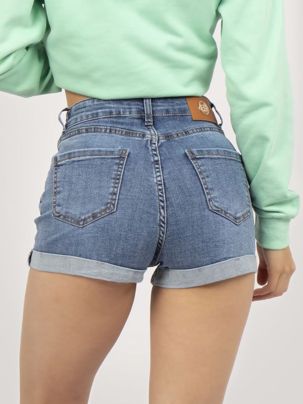 Shorts en Jean de Tiro alto con Bolsillos y Dobladillo 5605