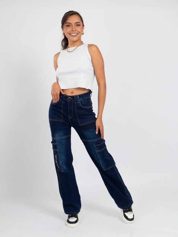 Cargo Jean Bota recta con bolsillos laterales 3053