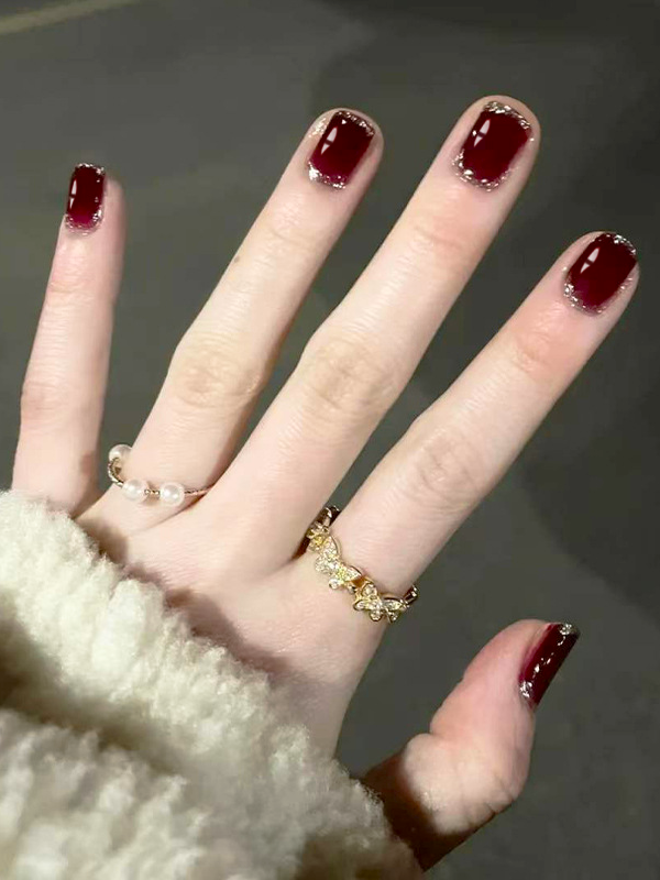 Uñas Reusables Artificiales Vinotinto Escarchado MF197