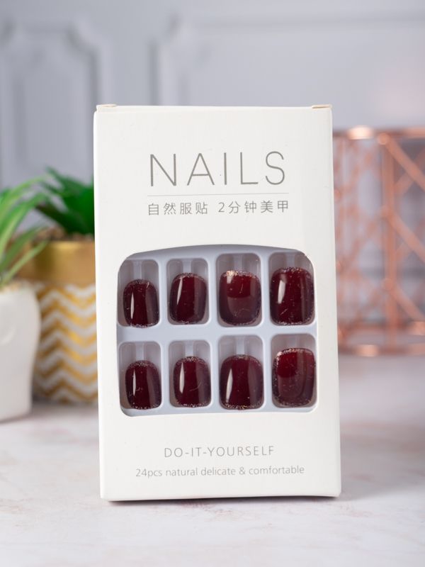 Uñas Reusables Artificiales Vinotinto Escarchado MF197