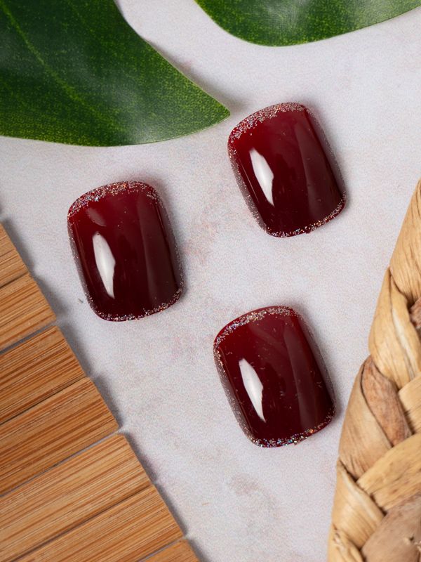 Uñas Reusables Artificiales Vinotinto Escarchado MF197