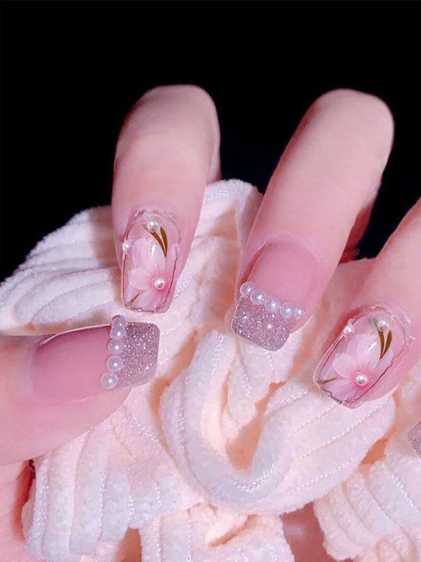 Uñas Artificiales Reutilizables Con Glitter Y Perlas Z269