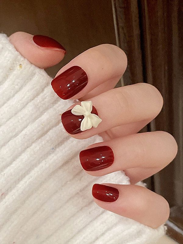 Uñas Reusables Artificiales Decorado Vinotinto con Moño XZ004