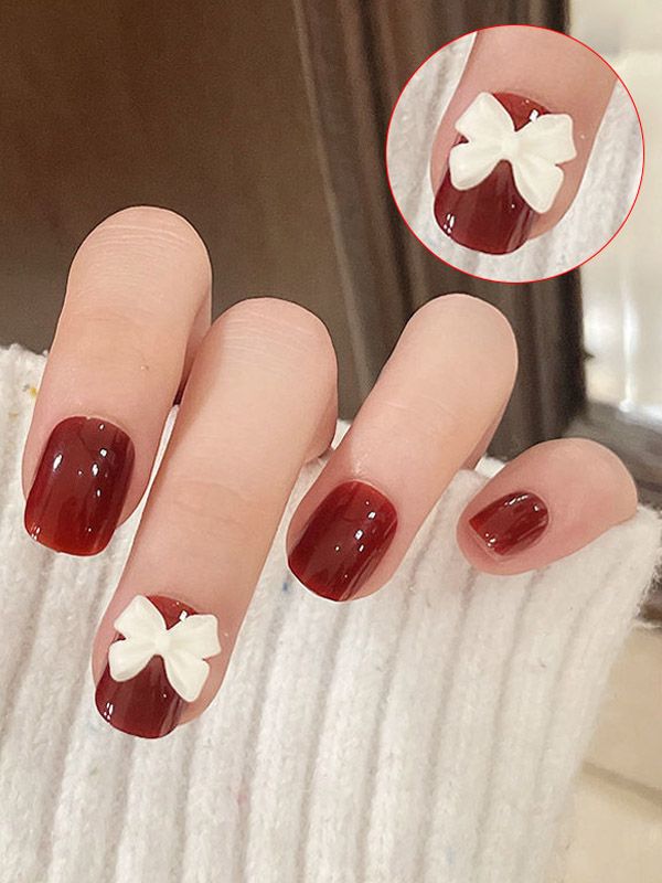 Uñas Reusables Artificiales Decorado Vinotinto con Moño XZ004