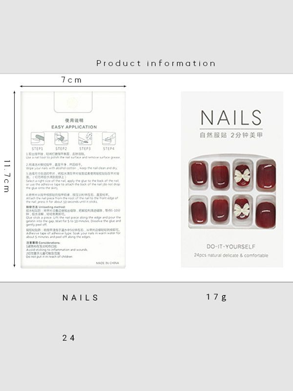 Uñas Reusables Artificiales Decorado Vinotinto con Moño XZ004