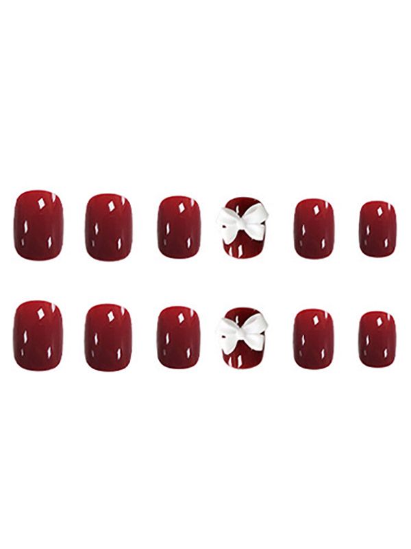 Uñas Reusables Artificiales Decorado Vinotinto con Moño XZ004