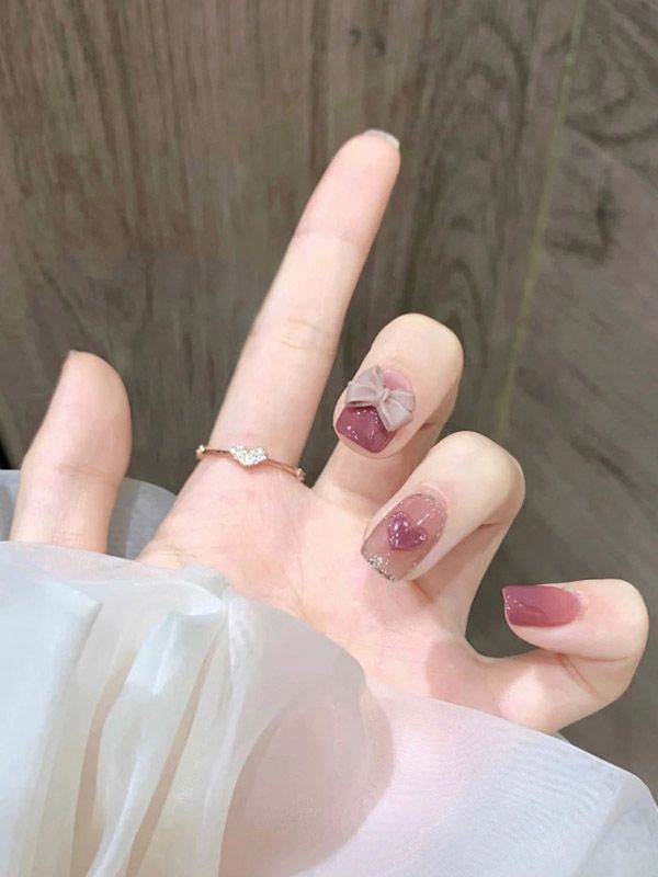 Uñas Reusables Artificiales Decorado Rosado con Moño XZ008