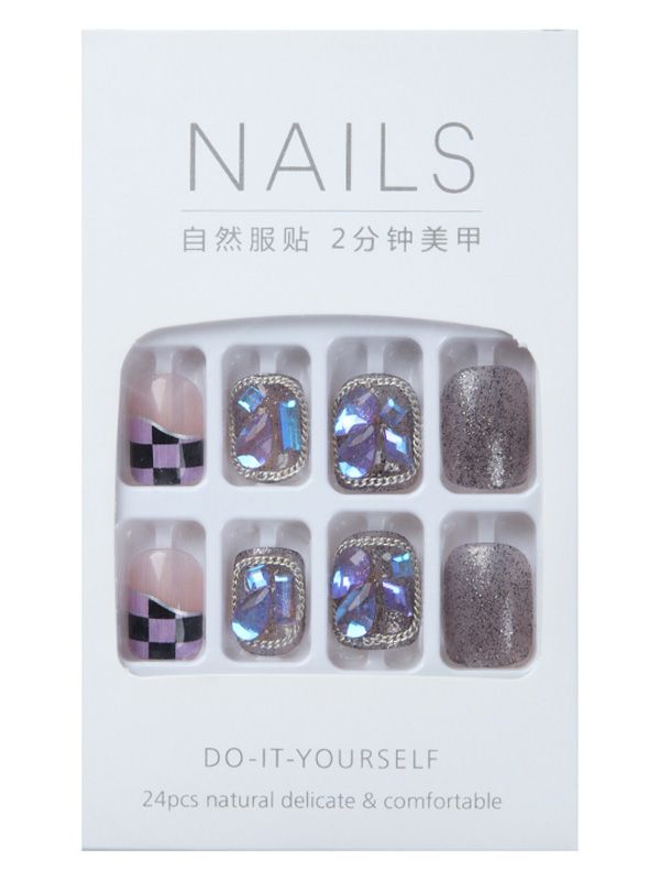 Uñas Reutilizables Sintéticas Acabado Negro y Morado con Pedrería XZ153