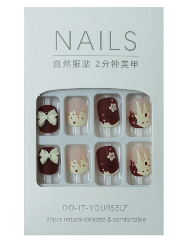 Uñas Reusables Artificiales Diseño Vinotinto y Beige XZ015