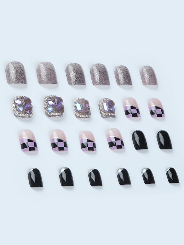 Uñas Reutilizables Sintéticas Acabado Negro y Morado con Pedrería XZ153