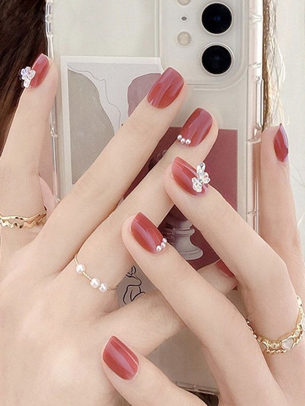 Uñas Postizas Reusables Rosado oscuro con perlas XZ020