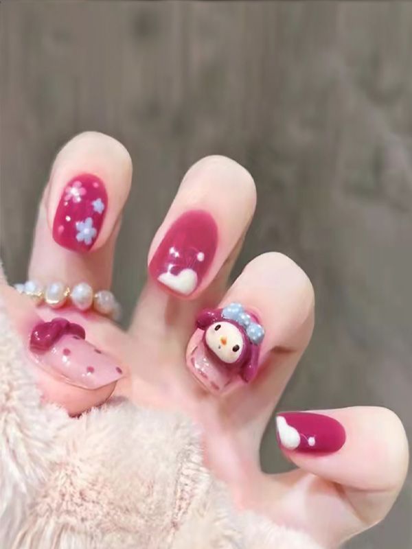 Uñas Sintéticas Reutilizables Diseño Fucsia de Conejitos XZ095