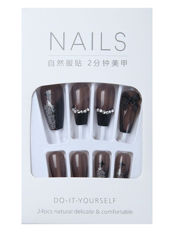Uñas Artificiales Reusables Color Oscuro con Moño y Pedrería XZ154