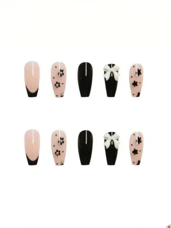 Uñas Acrílicas Reutilizables Con Moños y Perlas Z064