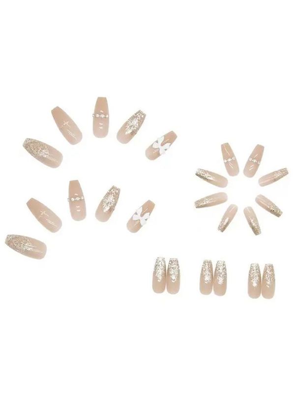 Uñas Sintéticas Reutilizables Con Glitter Plateado Y Moños Z136
