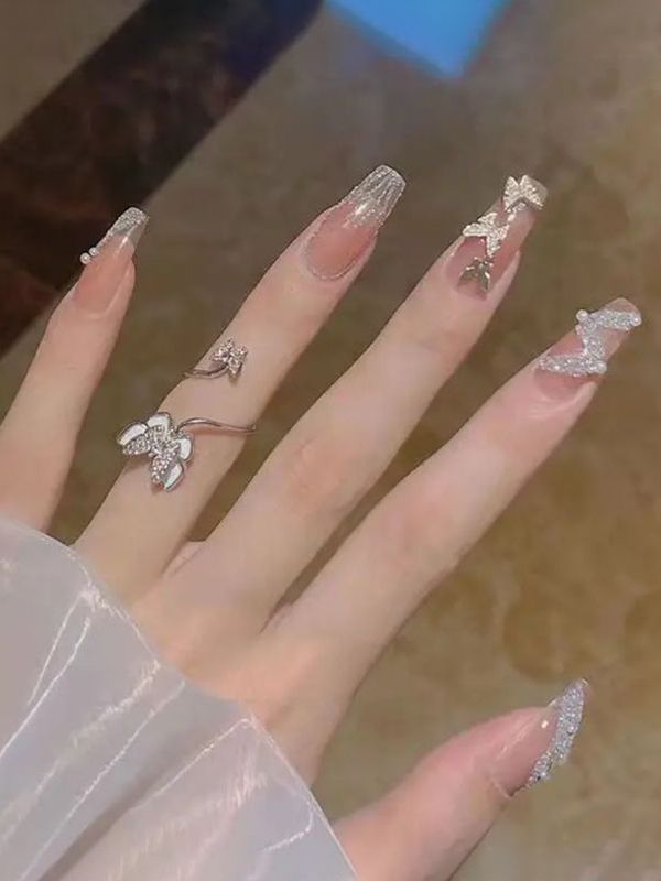 Uñas Artificiales Reutilizables Glitter Con Mariposas Z168