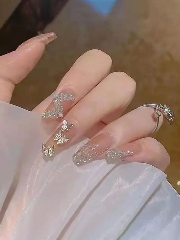 Uñas Artificiales Reutilizables Glitter Con Mariposas Z168