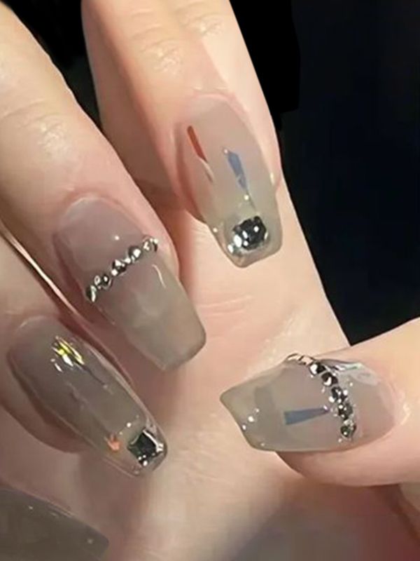 Uñas Acrílicas Reusables Grises Con Adornos Z195
