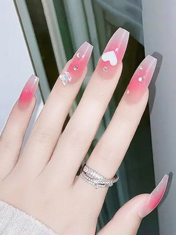 Uñas Sintéticas Reutilizables Rosadas Con Corazones Z220