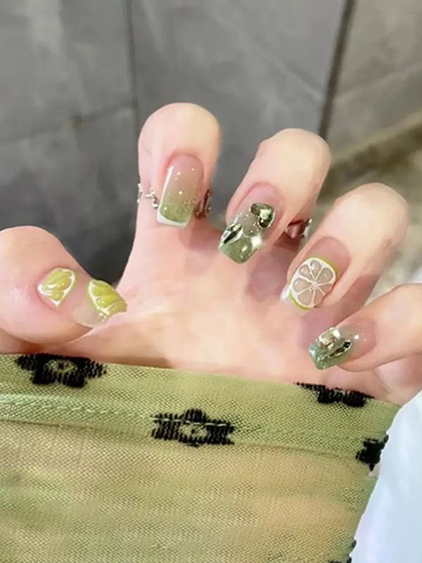 Uñas Reutilizables Artificiales Verdes Diseño De Limón Z364