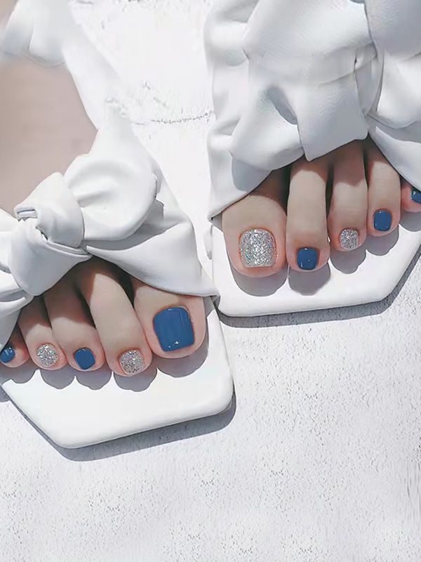 Uñas Artificiales para Pies Decoradas Azul con Escarchado XZ104