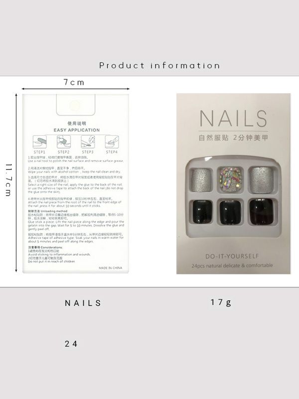 Uñas Sintéticas para Pies Diseño Negro y Plateado con Pedrería XZ138