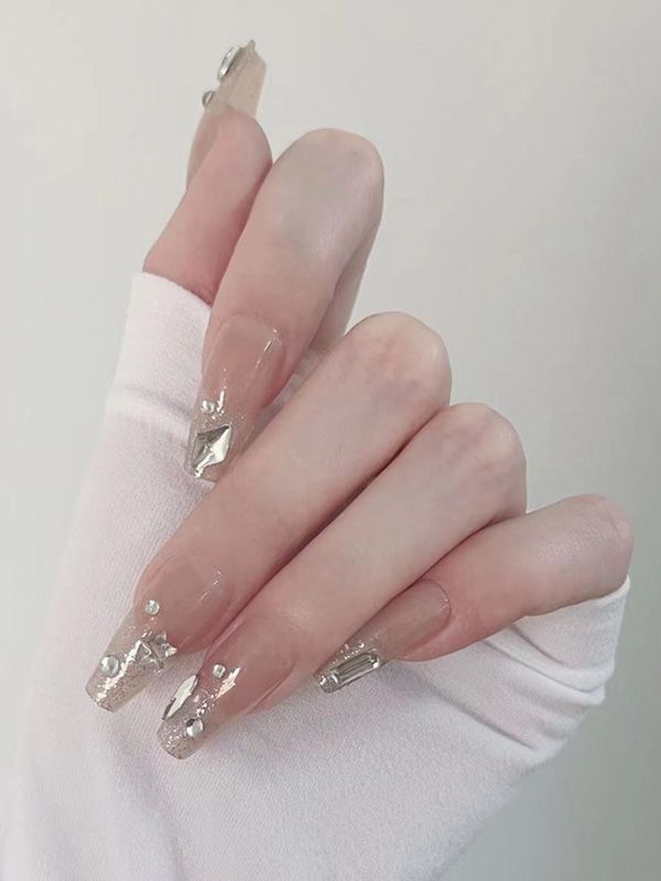 Uñas Acrílicas Reusables Decoradas con Pedrería y Escarchado XZ221
