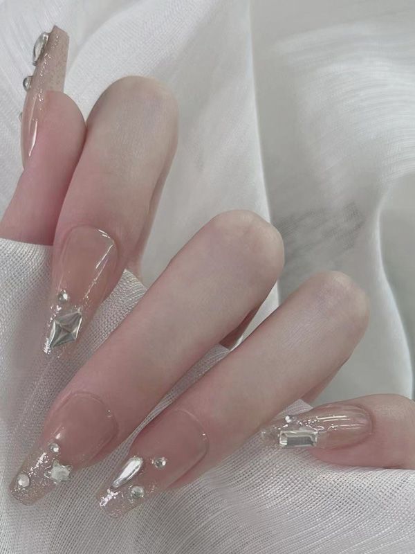 Uñas Acrílicas Reusables Decoradas con Pedrería y Escarchado XZ221