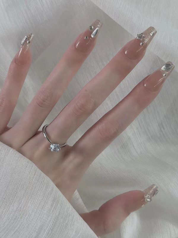 Uñas Acrílicas Reusables Decoradas con Pedrería y Escarchado XZ221
