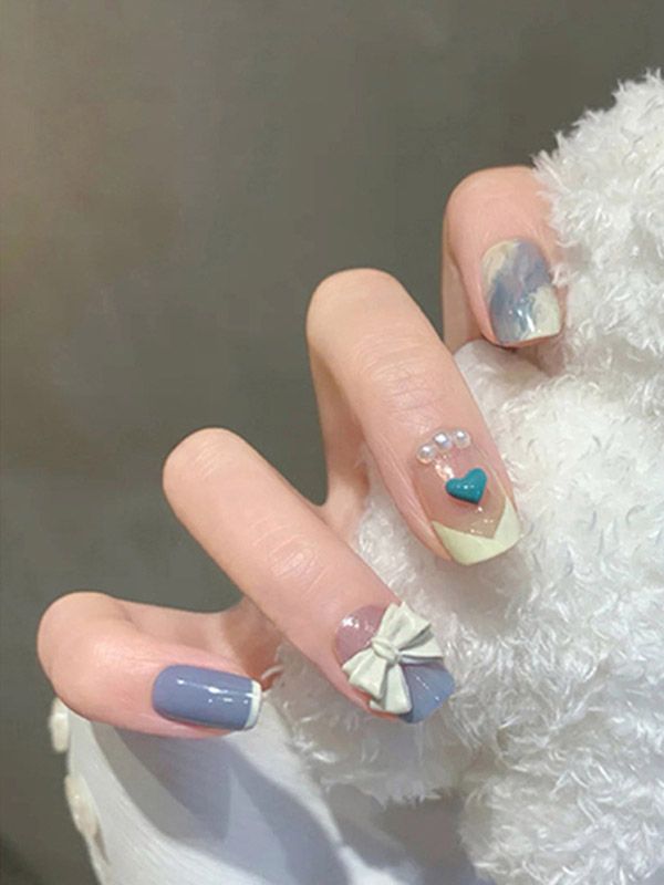 Uñas Artificiales Reusables Decorado Azul con Beige XZ013