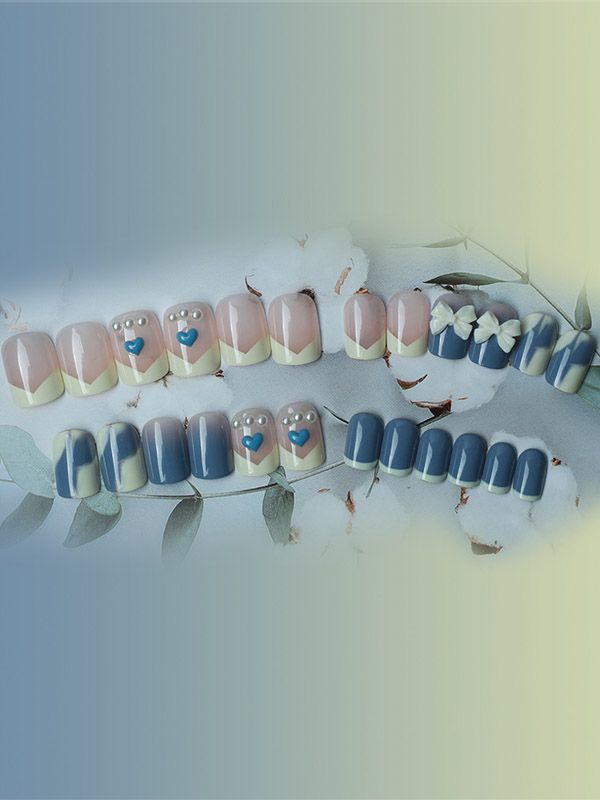 Uñas Artificiales Reusables Decorado Azul con Beige XZ013