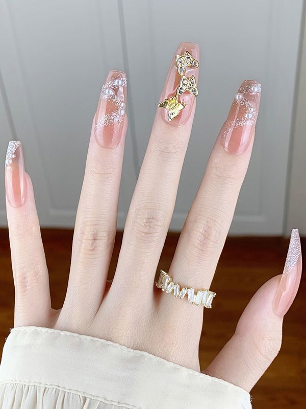 Uñas Postizas Reusables Diseño Escarchado con Mariposas XZ129