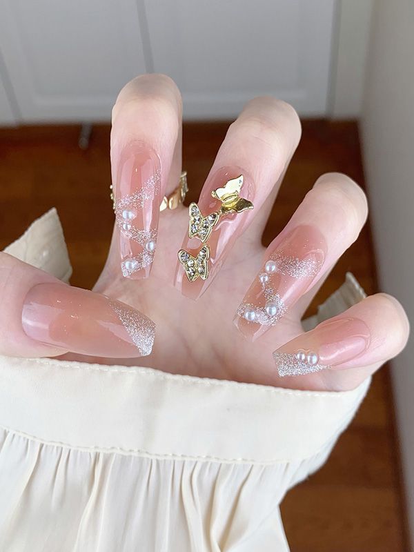 Uñas Postizas Reusables Diseño Escarchado con Mariposas XZ129