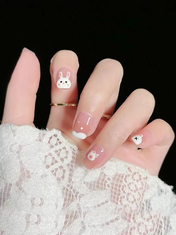 Uñas Artificiales Reusables Rosadas Diseño de Conejito XZ135