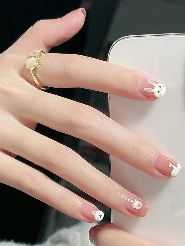 Uñas Artificiales Reusables Rosadas Diseño de Conejito XZ135