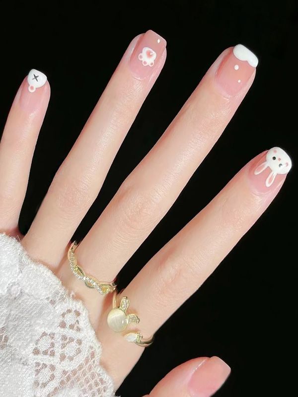 Uñas Artificiales Reusables Rosadas Diseño de Conejito XZ135