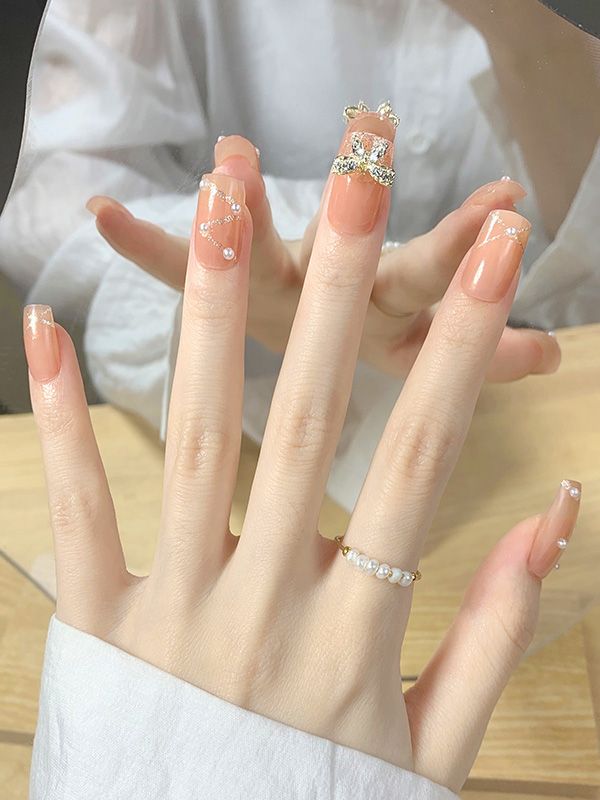 Uñas Falsas Reusables Decorado Escarchado con Perlas y moño XZ141