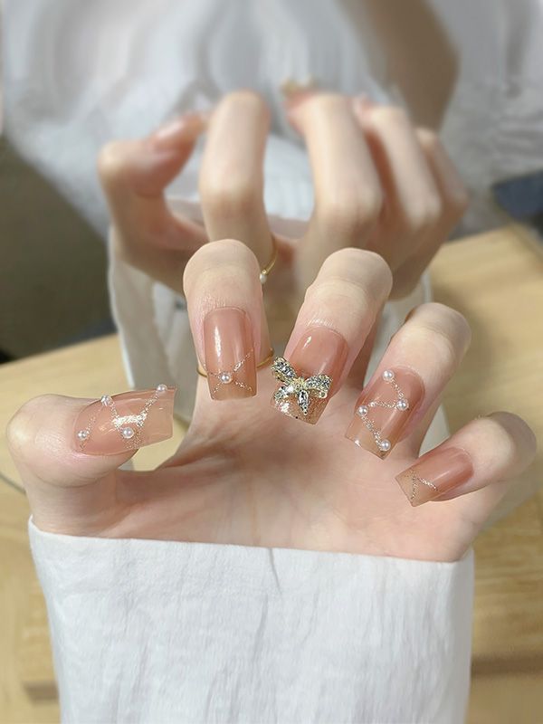 Uñas Falsas Reusables Decorado Escarchado con Perlas y moño XZ141