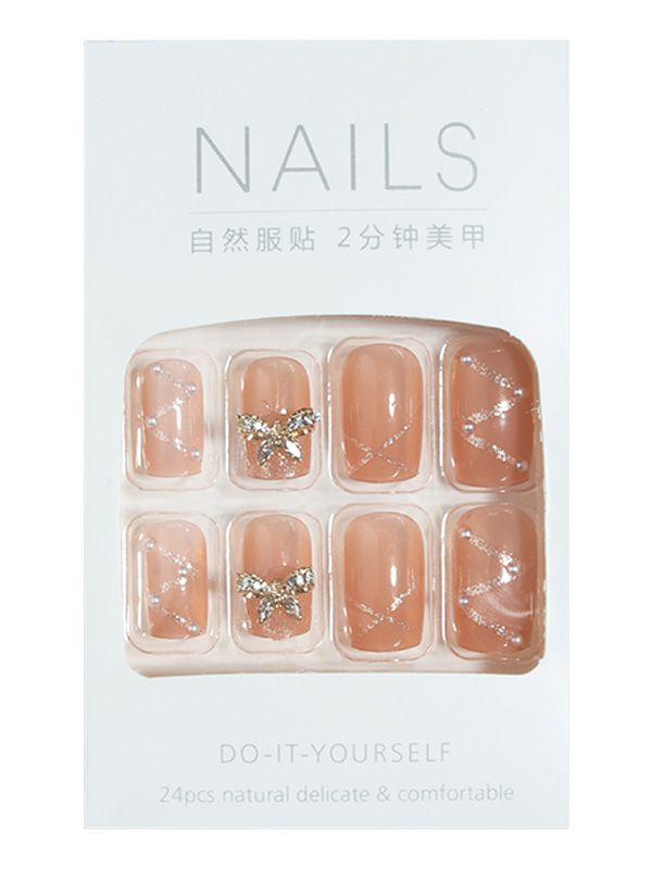 Uñas Falsas Reusables Decorado Escarchado con Perlas y moño XZ141
