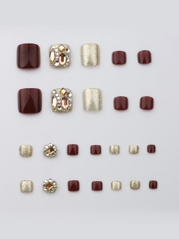 Uñas Postizas para Pies Diseño Vinotinto y Dorado con Pedrería XZ172