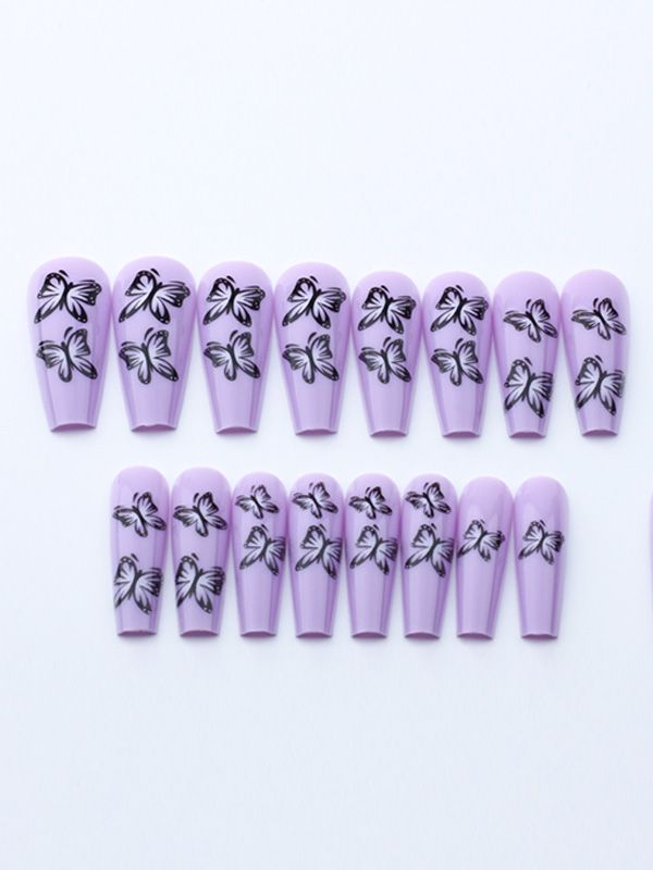 Uñas Artificiales Reusables Diseño Lilac Long con Mariposas XZ191