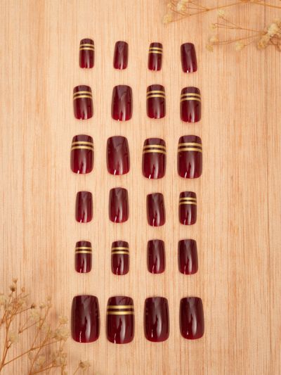 Uñas Artificiales Reusables Vinotinto y Dorado R019