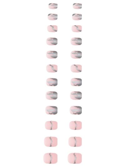 Uñas Artificiales Reutilizables Rosadas Con Detalles Plateados R441