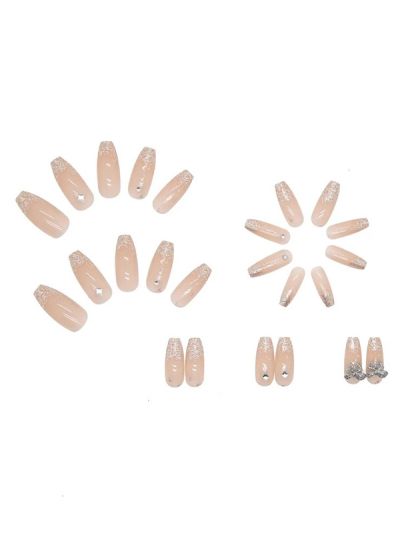 Uñas Sintéticas Reusables Con Escarcha Y Moños Plateados Z174