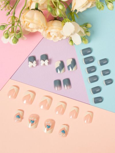 Uñas Artificiales Reusables Decorado Azul con Beige XZ013