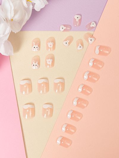 Uñas Artificiales Reusables Rosadas Diseño de Conejito XZ135