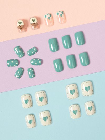 Uñas Postizas Reusables Decorado Corazones y Paletas XZ139