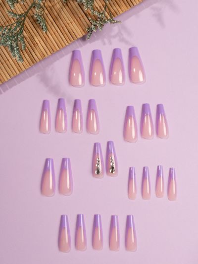 Uñas Reusables Sintéticas Diseño French long Purple XZ161