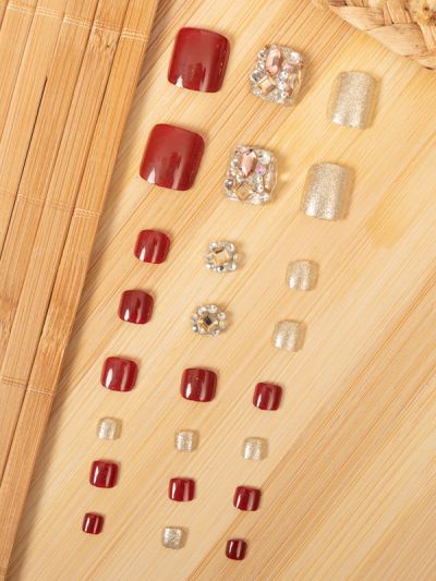 Uñas Postizas para Pies Diseño Vinotinto y Dorado con Pedrería XZ172